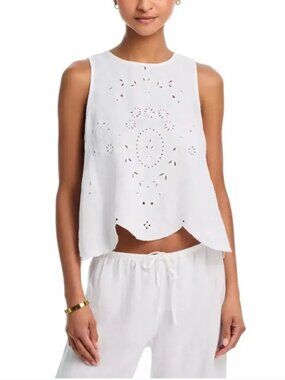 Bella Dahl Women White Linen Embroidered Eyelet Summer Sleeveless Top Size M